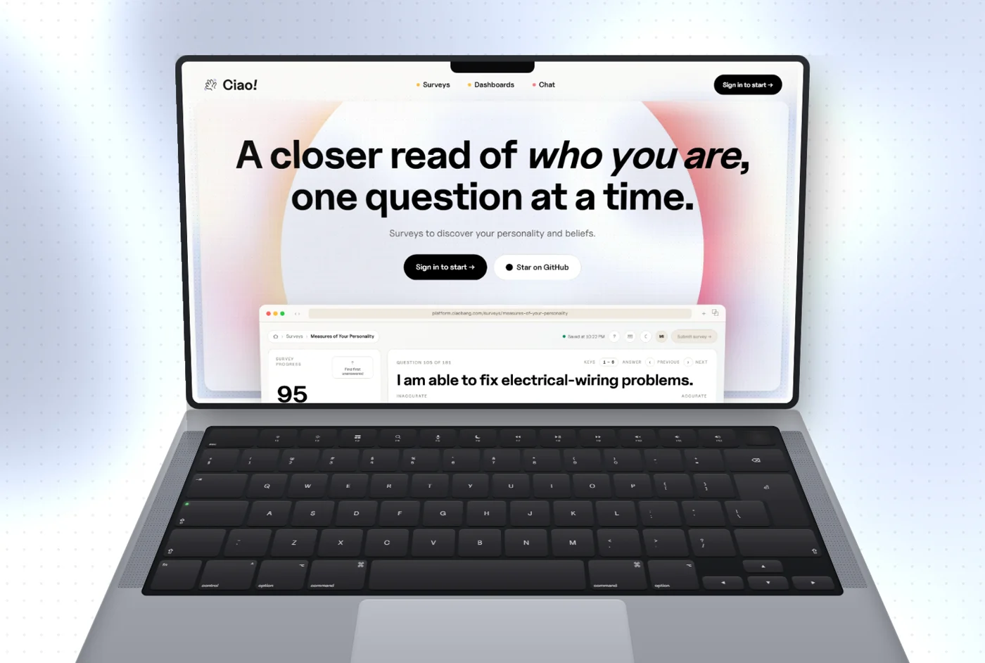 The Surveys AI Platform questionnaire running on a laptop, one item at a time on a six point accuracy scale