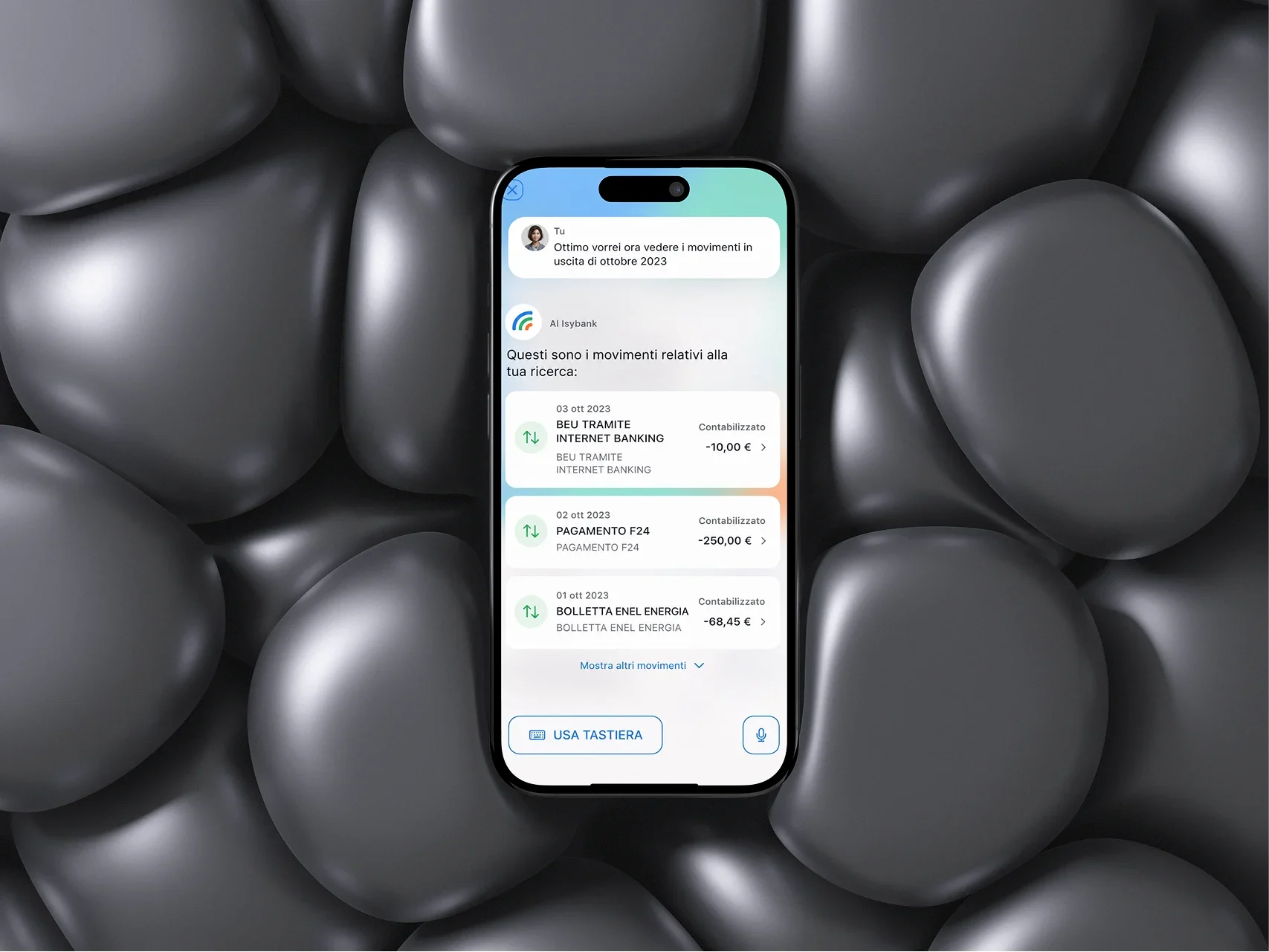 The isybank assistant listing October outgoing transactions on an iPhone