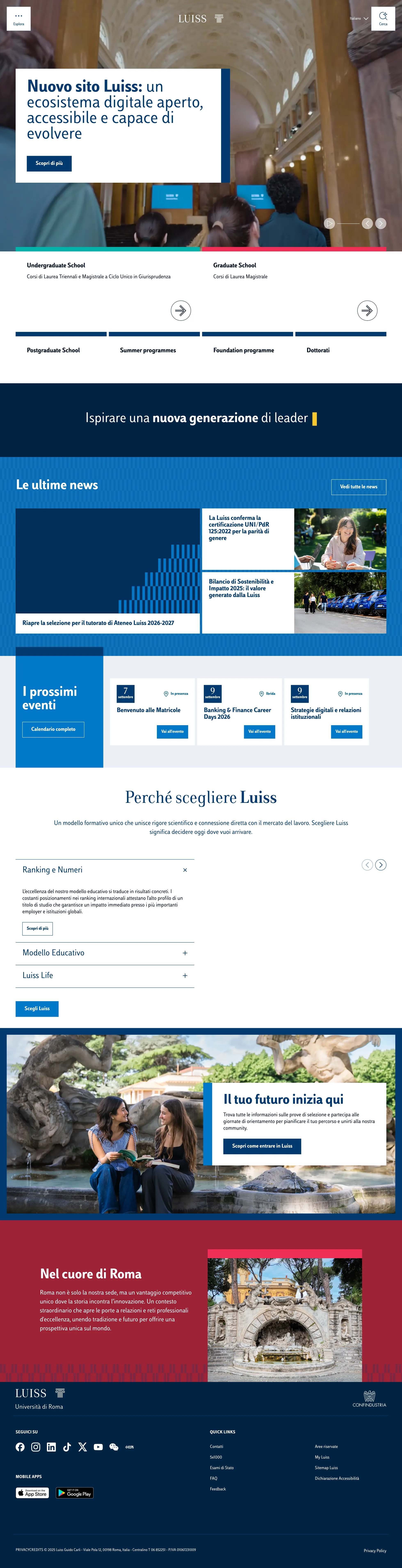 The rebuilt Luiss.edu homepage from top to bottom: hero, the school entry points, latest news, upcoming events, and the footer